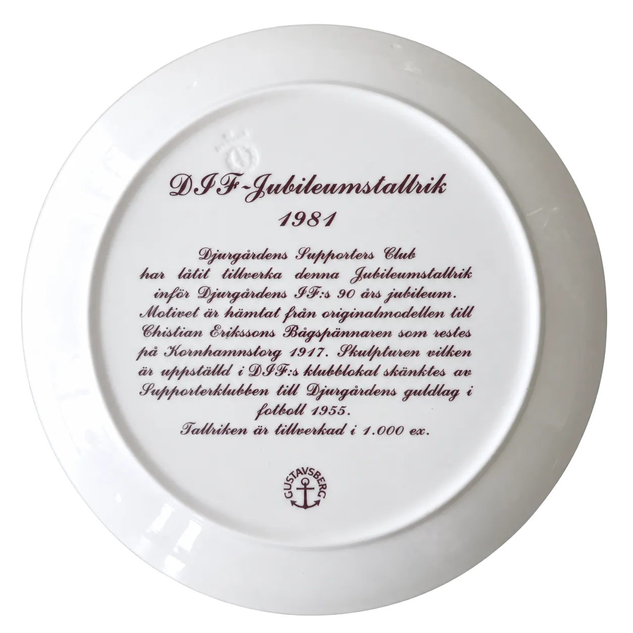 Baksida på Djurgården samlartallrik Bågspännaren 1981 med historik